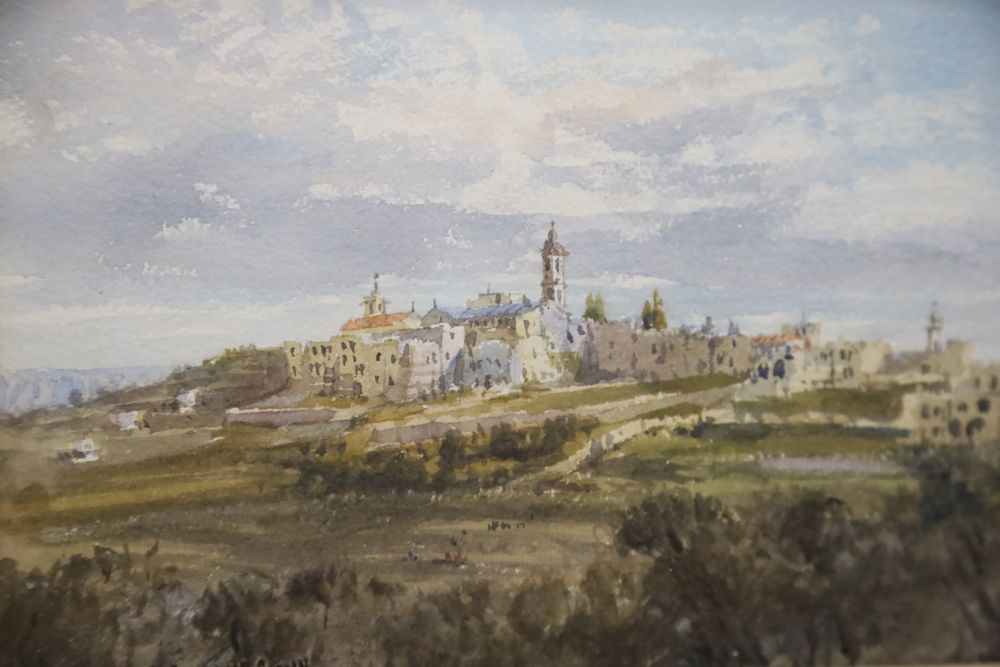 Conrad H. R. Carellli (Italian 1869-1956), watercolour, View of an Italian hill town, 15 x 22.5cm